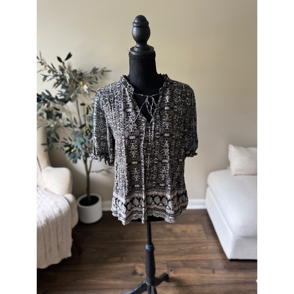 Lucky Brand Black White Medallion Print Ruffle Tie Neck Puff Sleeve Blouse M